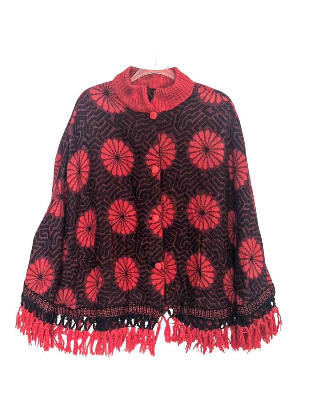 Vintage 60's 70's Sweater Poncho Button Front Red Black Geometric Flowers Flaw